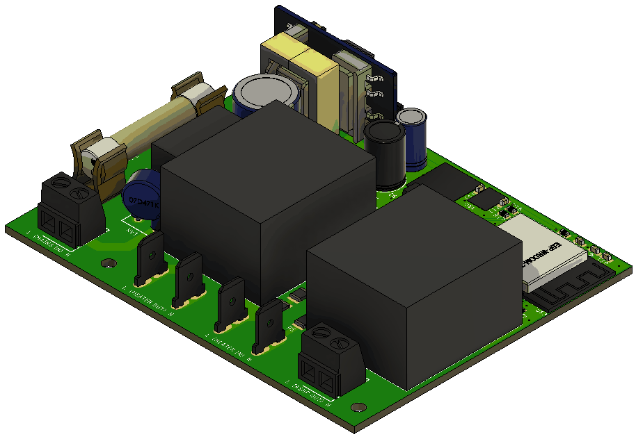 DIN-rail air source heat pump controller CAD model showing relays, sensing and terminal layout