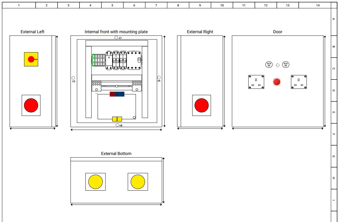 Electrical cabinet panel layout drawing showing external faces, door and internal mounting plate