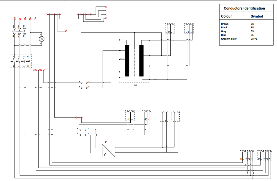 Electrical cabinet wiring schematic diagram with conductor colour identification
