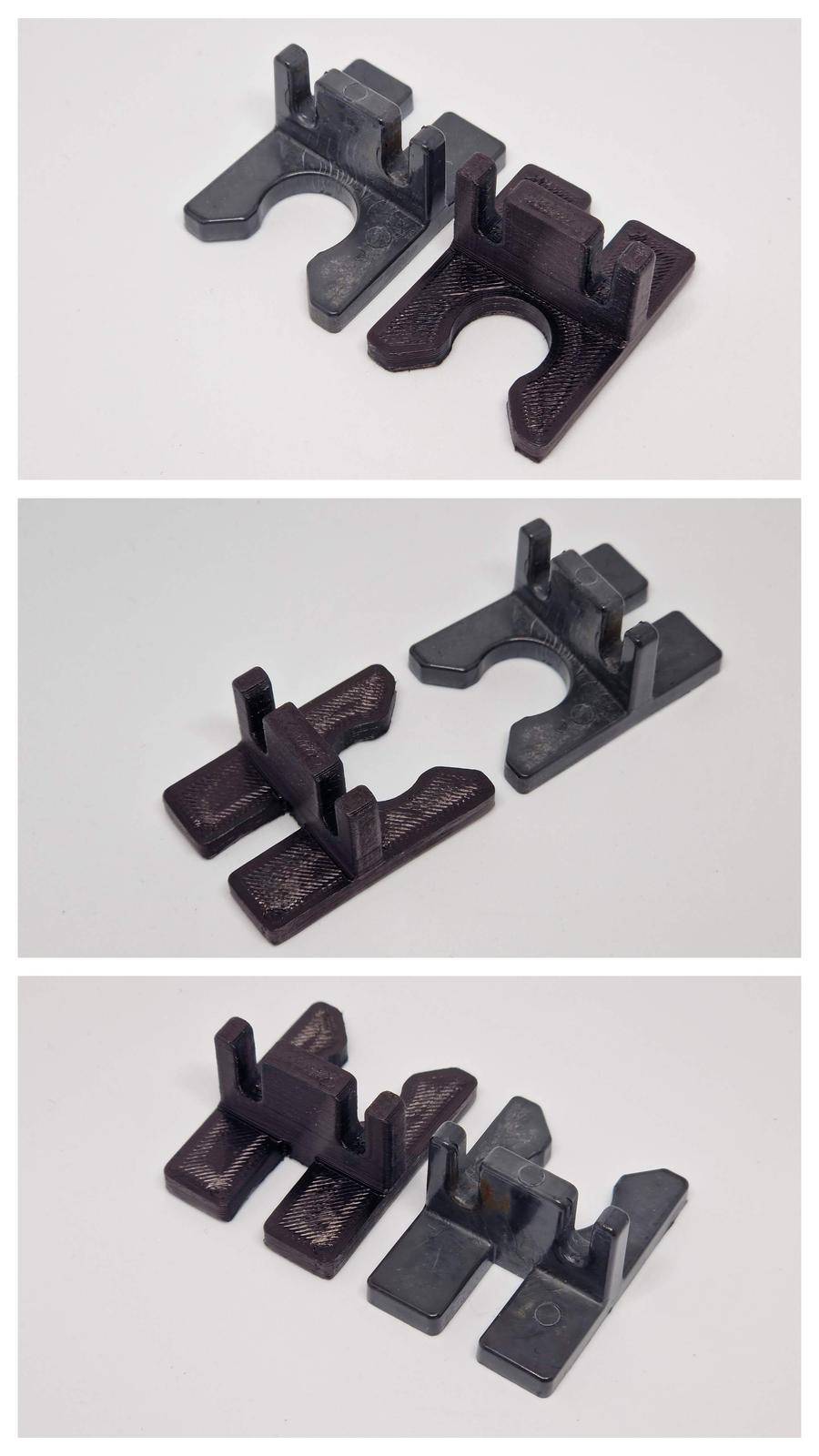 Original skimmer weir bracket beside reverse-engineered 3D-printed PETG part